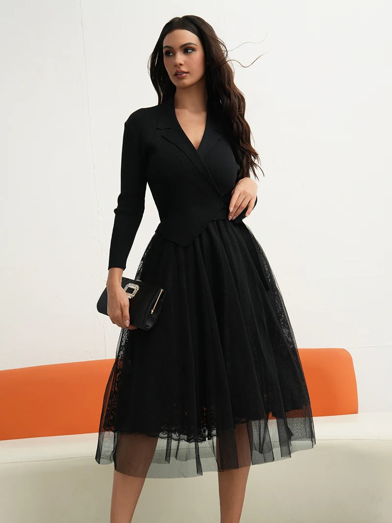 Cardigan tip bandaj, îmbrăcăminte de comodă - Set tricotat din două piese, lungime midi - Mărime normală - Conținut material 31-50%