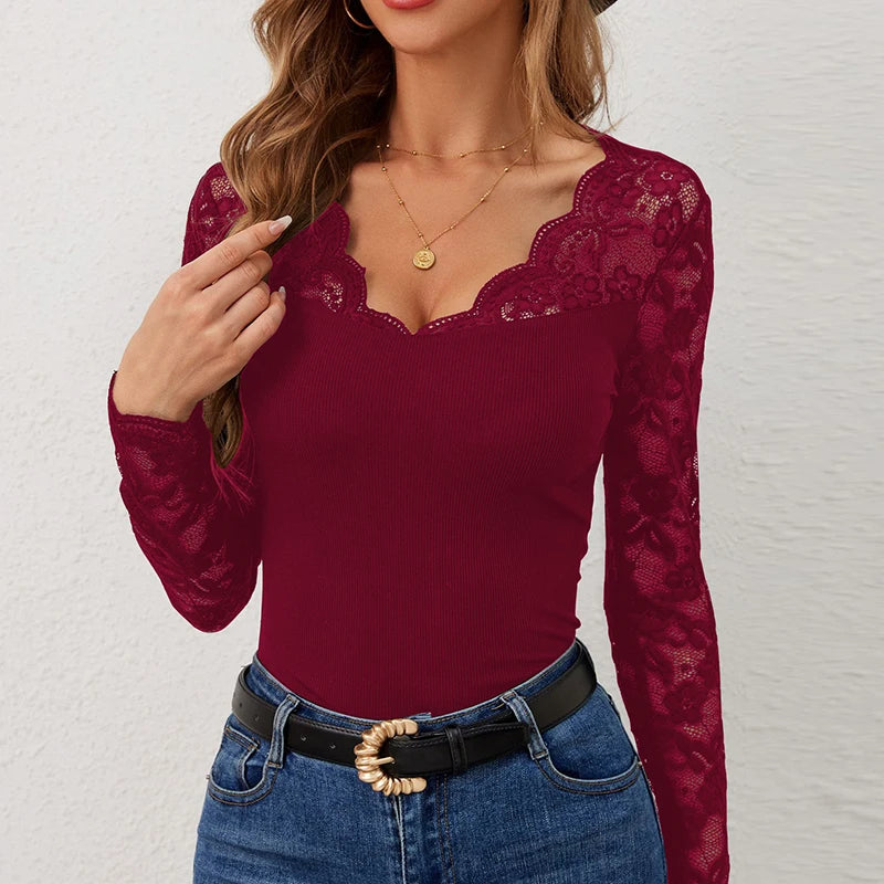 elegant T-shirts For Women V Neck Lace Long Sleeve T-Shirts Female Fashion Hollow Out Tee Tops Green Red Black Shirts