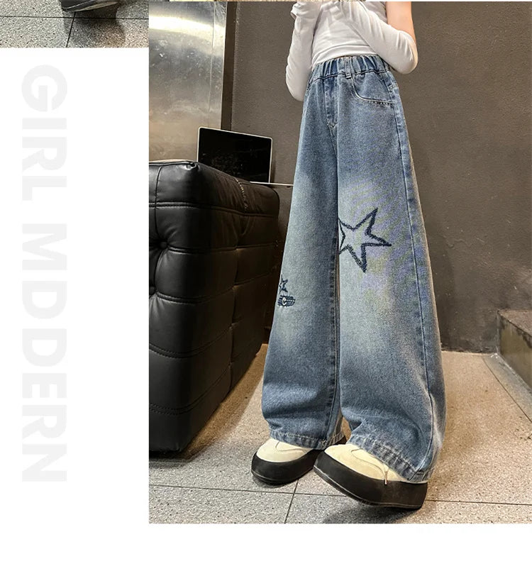Jeans For Girl Spring Embroidery Star Pattern Wide Leg Denim Pants Kids Casual Style Children Loose Clothes 6 8 9 10 12 14 Years