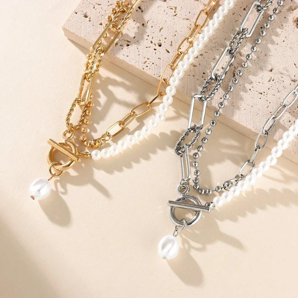 Personality Fashion Pearl Pendant Long Chain Necklace Pop Couple Punk Ring Design Temperament Holiday Party Gift Accessories