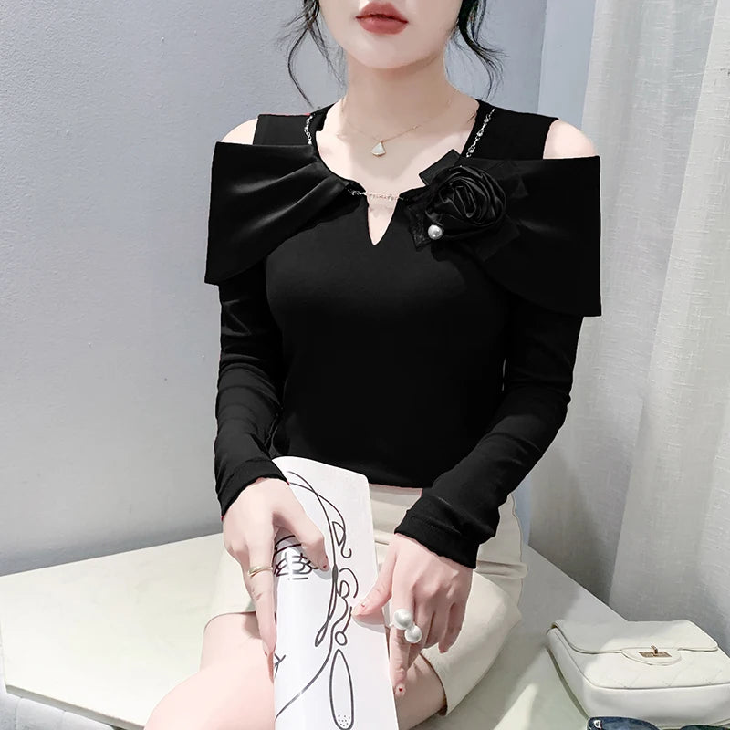 Women T-shirt Fashion T Shirt Cotton Slim Tee For Ladies Autumn Clothing New Long Sleeve Beading V-Neck Tops