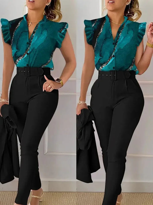 Elegant Women Two Piece Set Suits New Fashion Printed Ruffle Sleeve Top Solid Color Pants Set With Belt Blouses Female Clothing - Golden Bridge Store