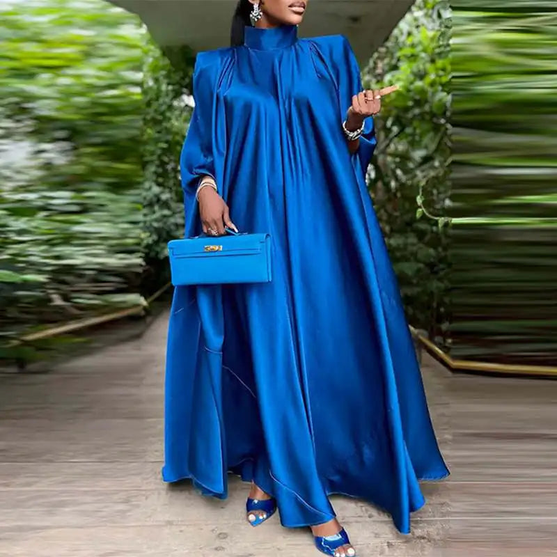 Elegant Evening Dress 2024 VONDA Women Pleated Stand Collar  Long Sleeve Satin Party Sundress Casual Solid Loose Robe Vestidos