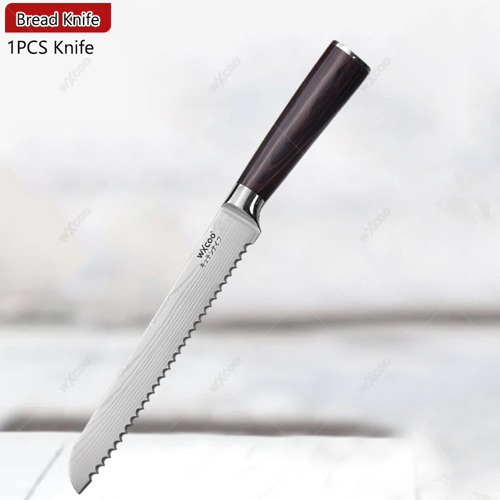 WXCOO Professional Kitchen Chef Knife Damascus Steel Laser Pattern Santoku Knife Double Side Magnetic Kitchen Knife Block