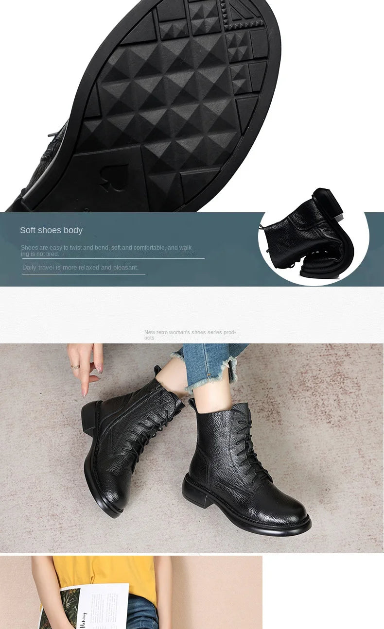Frühling Dame Knöchel Stiefel 2025 - Echtes Kuh Leder Platform Schuhe - Frauen Winter Jugend Mädchen Weiche Sohle Dicke Absatz Ritter Schnee Stiefel