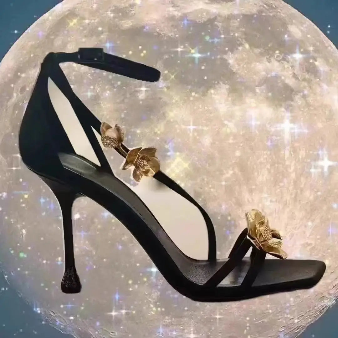 Golden Flowers Elegant Woman Heels for Womens High-heeled Sandals Women's Shoes Elegant Heel Luxury Sandal Women's