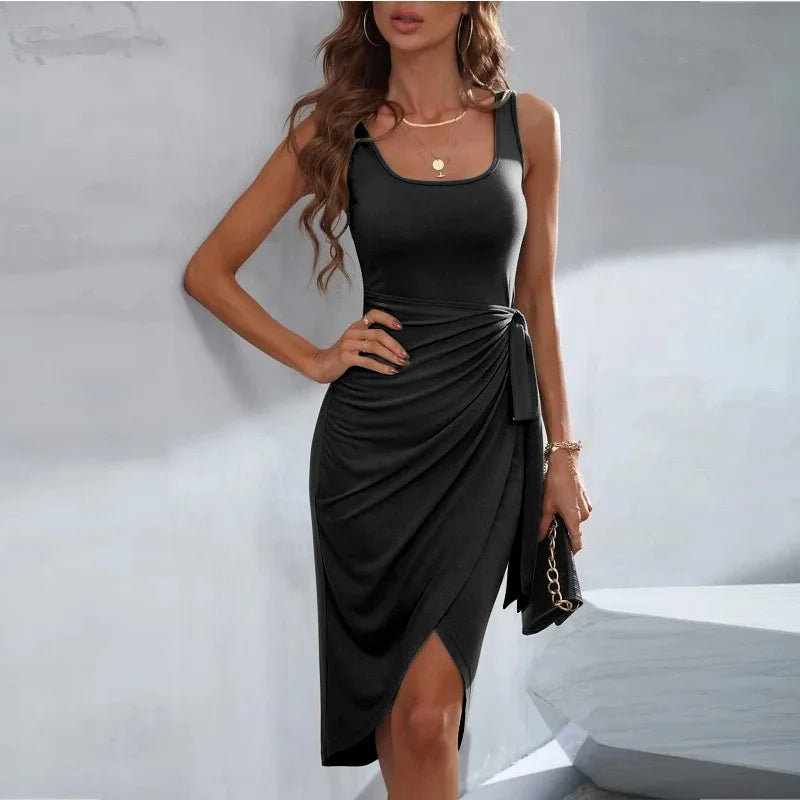 Elegant Office Lady Sundress for Women Black Lace Up Dress Spring Summer Irregular Strap Vest Dress Split Square Collar Outfit