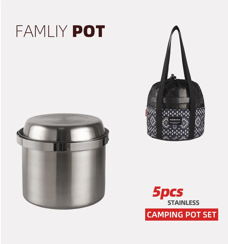 NOBANA Newest Outdoor Stainless Steel Pot Set Camping Family Pot Set 5L Portable Picnic Soup Pot Frying Steaming Household Pot