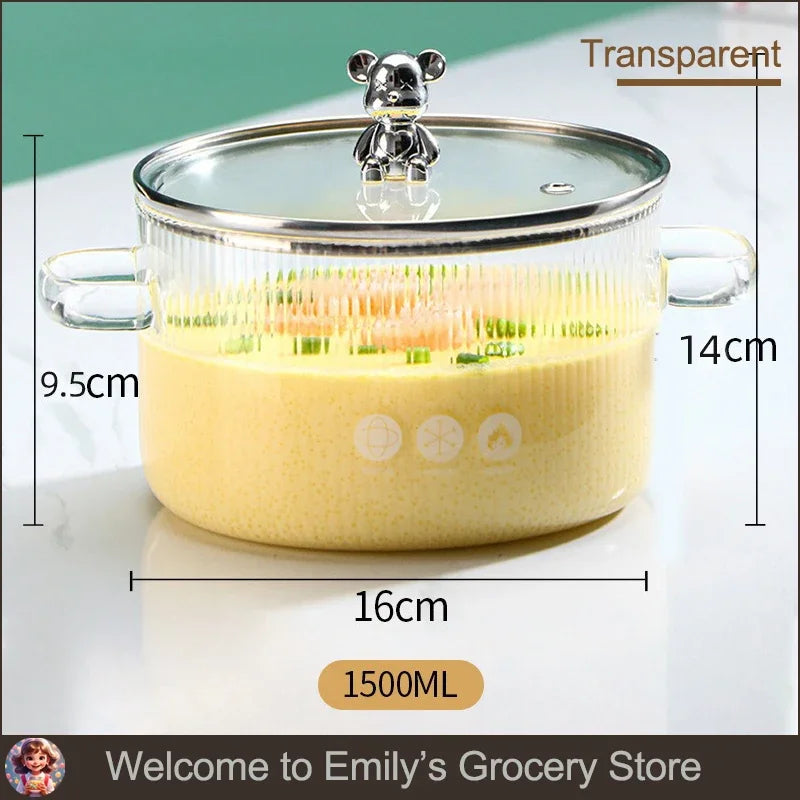 HighBorosilicateGlass Thickened PotHouseholdConvenient Bear Soup Pot with Lid Double Ear Soup Glass Pot Instant Noodles Milk Pot