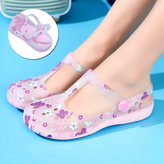 Women's Pink Floral & Butterfly Print Transparent T - Strap Jelly Sandals - Comfortable & Stylish Summer Printed Hole Shoes