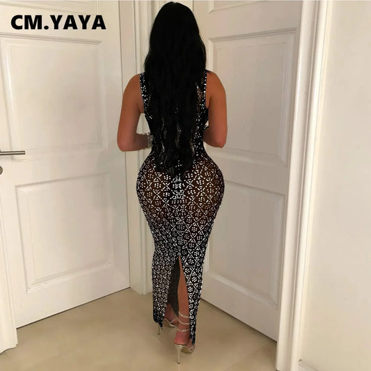 Damen Kleid 2025 - CM.YAYA Summer Sleeveless Rhinestone Long Dress Mesh Fashion Evening - Golden Bridge Store