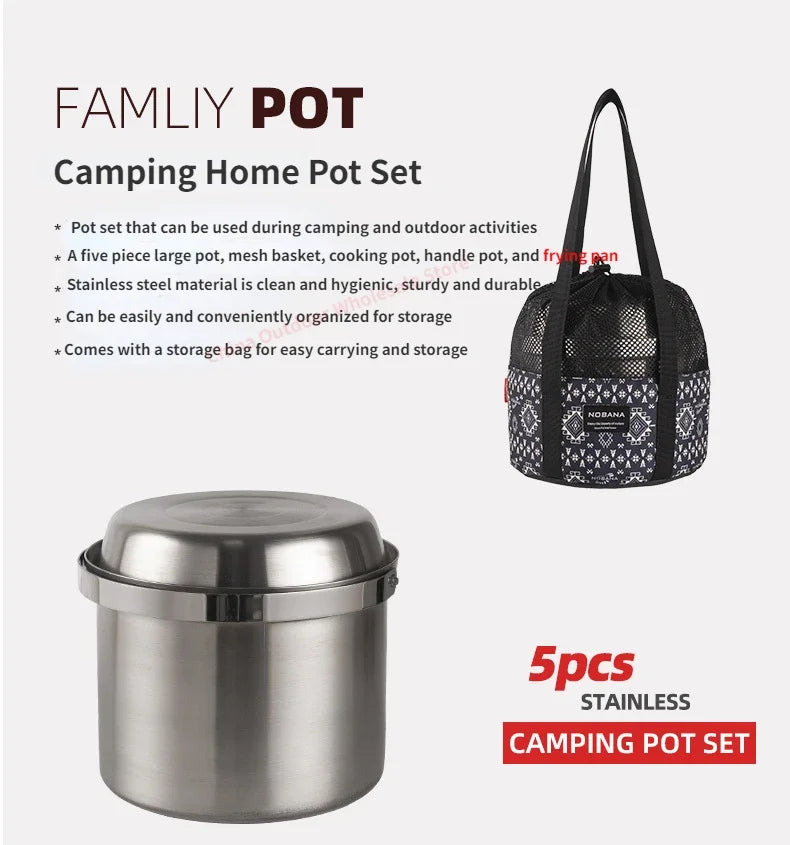 NOBANA Newest Outdoor Stainless Steel Pot Set Camping Family Pot Set 5L Portable Picnic Soup Pot Frying Steaming Household Pot