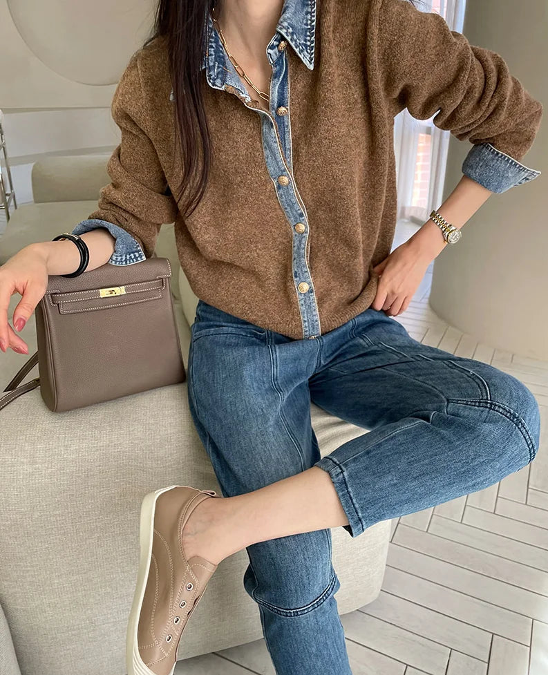 BigLargiCN Strickcardigan Herbst Denim Patchwork Damen Korean Stil - Gewicht 120–220 g/m² Länge Regular Lockere Passform