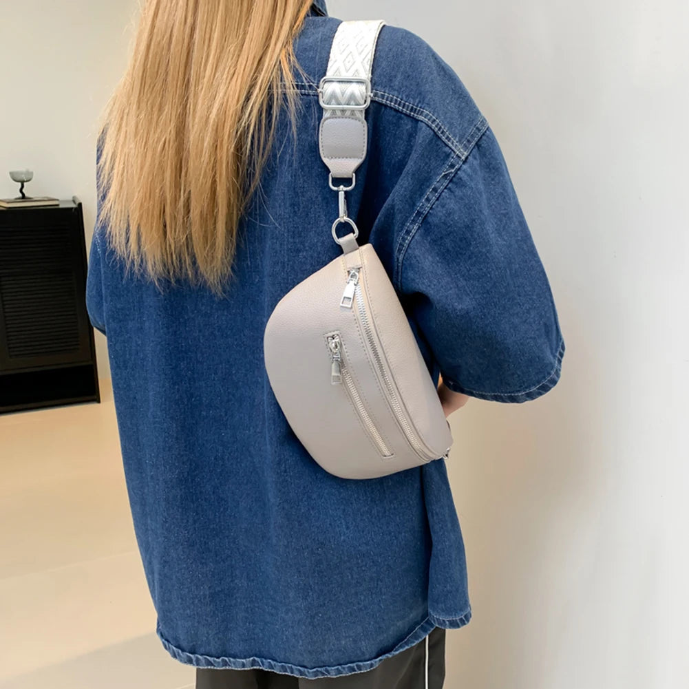 Women Stylish Crossbody Bag with Wide Strap Retro Fanny Pack PU Leather Simple Shoulder Bag Travel Outdoor Bag