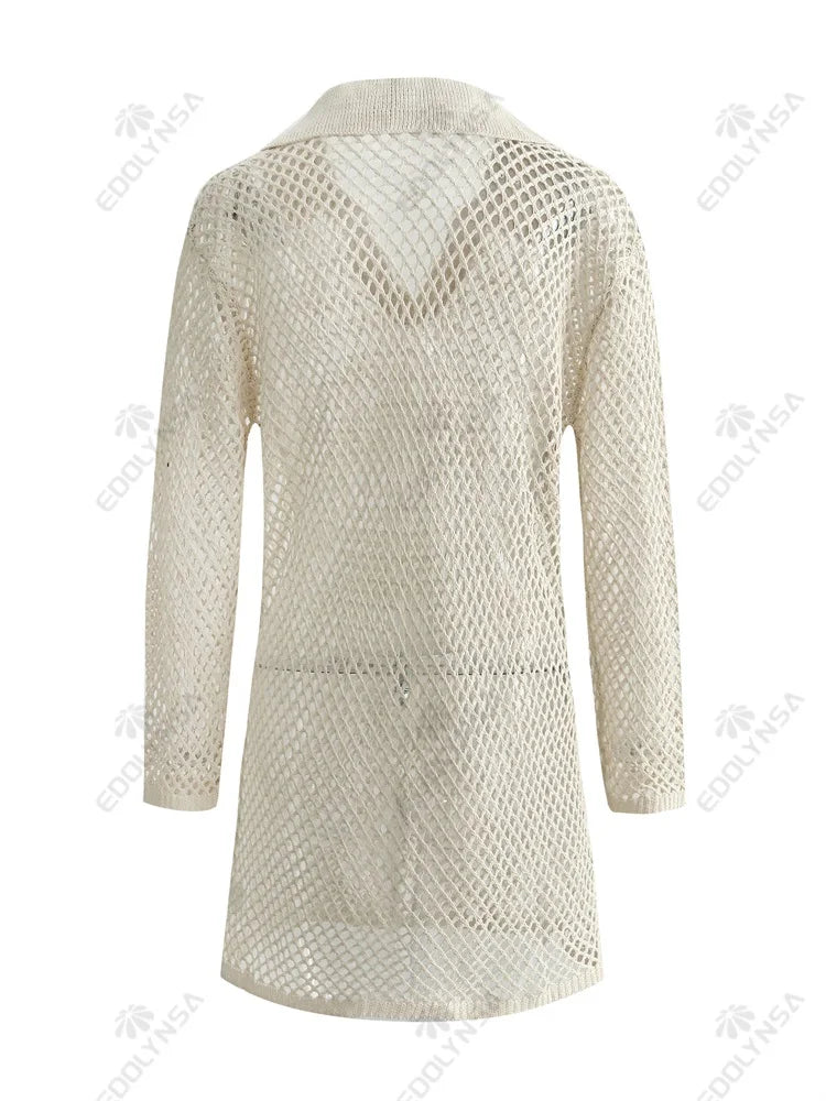Einfarbig Strand Stricken Mini Kleid - Frauen Sommer Elegant Dekorative Details Langarm - Badeanzug Cover Up Boho Urlaub Lose Beachwear