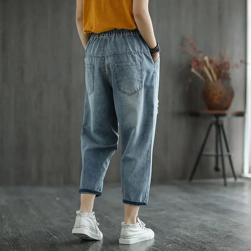 Embroidered Jeans Women Spring and Summer New Cropped Retro Casual Oversized Loose High Waisted Embroidered Slim and Versatile