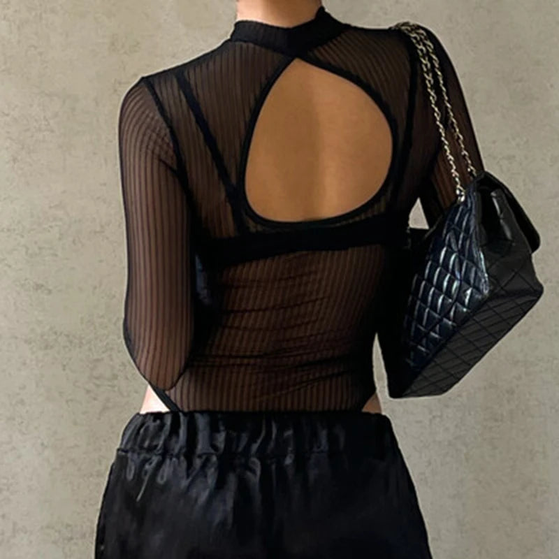 SUCHCUTE Sexy See Though Women T-shirts Gothic Mesh Black Long Sleeve Skinny Bodysuit Dark Fashion Hollow Out Backless Playsuit