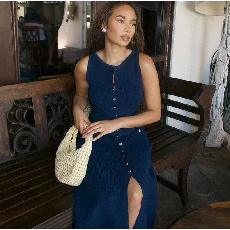 VEITCHEC Kleid Strick Ärmellos Elegant - Polyester Midi - Golden Bridge Store