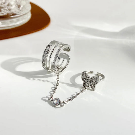 Silver Color Butterfly Ring For Women Ins Fashion Micro Inlaid Zircon Tassel Chain Double Open Rings Finger Jewelry Gifts KDR021