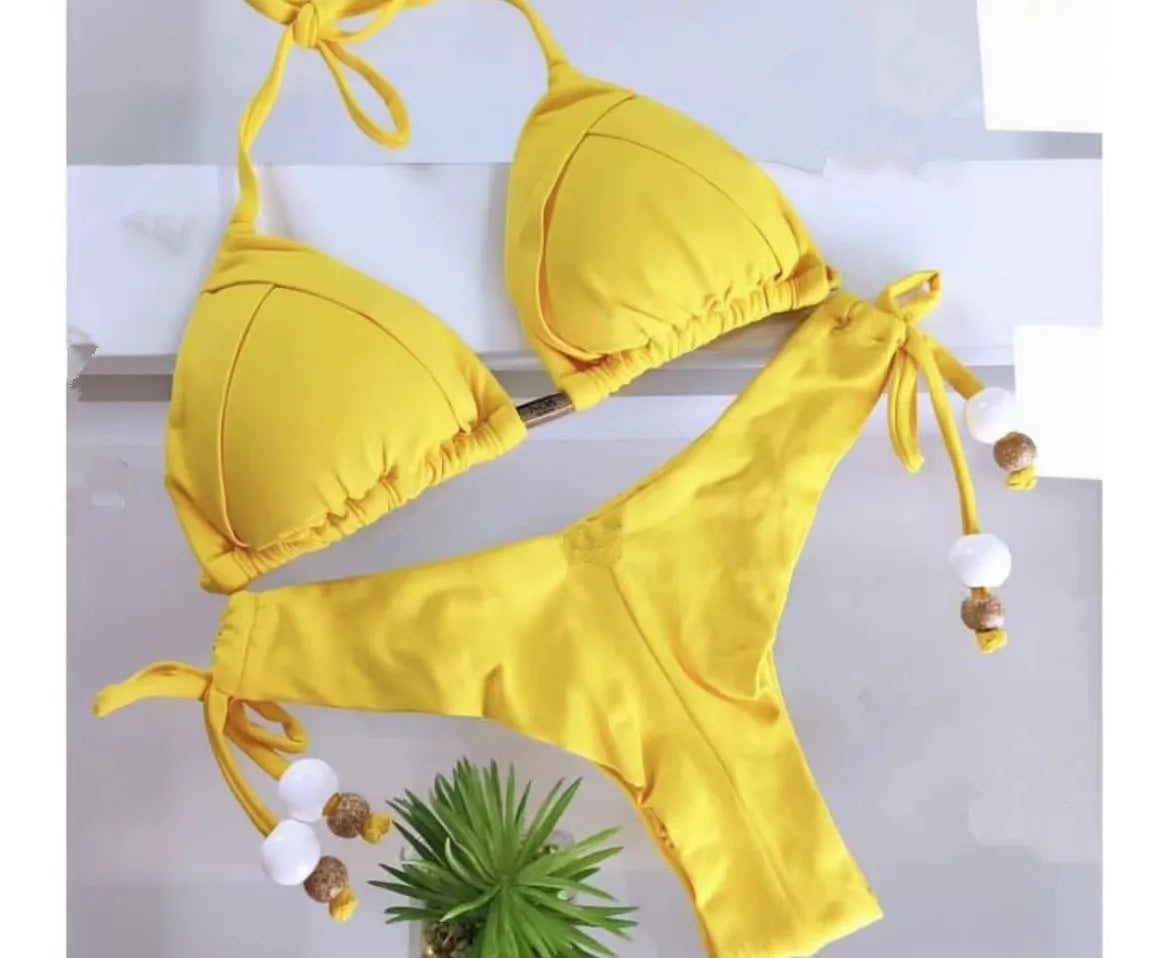 Damen Bikini Set 2025 - Dreieck Badeanzug Brasilianisch Halter Push-Up Metallkette