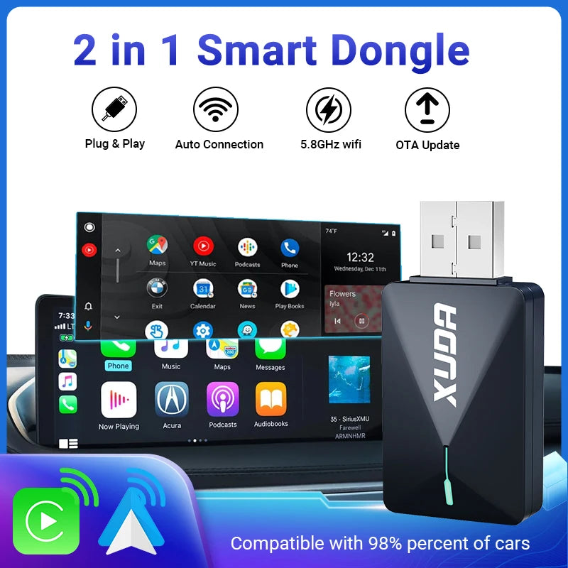XUDA 2 în 1 Wireless CarPlay AI Mini Box 2025 - Android Auto Box Plug Play - Conexiune automată compatibilă cu 99% dintre radiourile auto pentru mașini