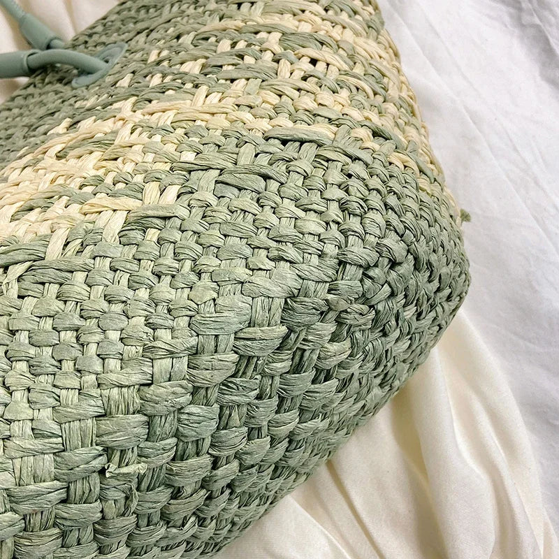 Geantă de plajă de vară, țesută manual, cu capacitate mare, din paie, cu design în gradient de culoare, pentru femei, geantă de umăr pentru călătorii și vacanțe