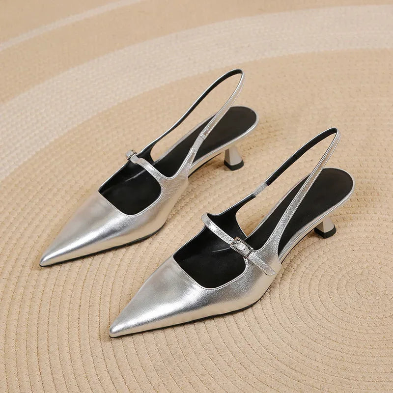 Shoes for Women 2025 New Pointed Toe Women's High Quality Slingback Sandals Simple and Elegant Dress Shoes Silver Heels Women - Golden Bridge Store