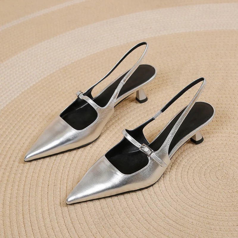 Shoes for Women 2025 New Pointed Toe Women's High Quality Slingback Sandals Simple and Elegant Dress Shoes Silver Heels Women - Golden Bridge Store