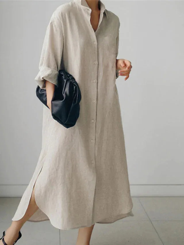 Elegant Women Shirts Dress Spring Fashion V-neck Long Sleeve Cotton Linen Maxi Dresses Ladies Casual Holiday Vestidos 2024 Robes