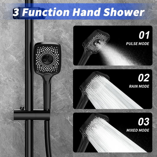 NONEM copper-finish shower armature set with digital display, 3-function hand shower with pulse, rain and mixed modes