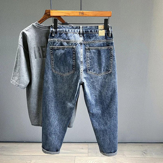 Men's Jeans Streetwear Fashion Tapered Pants Blue Casual Personality Vintage Male Clothing Slim Denim Trousers Brands - Golden Bridge Store