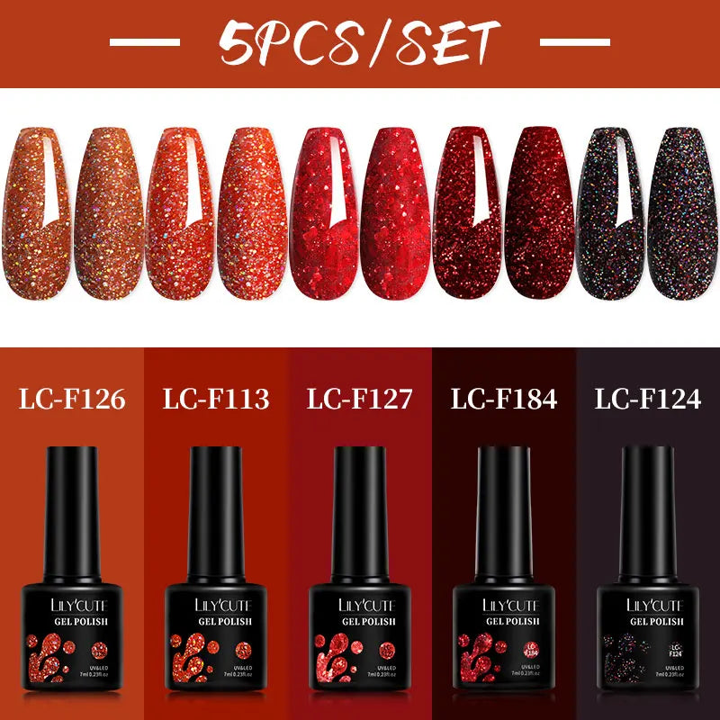 LILYCUTE 5Pcs/Set 7ML Red Brown Nail Gel DIY Nail Art Semi Permanent UV Gel Polish Long Lasting Design Manicure Kit Supplies