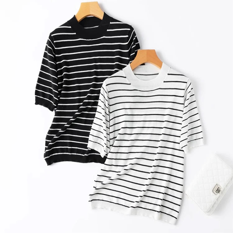 Women Knit T-Shirt 70% Mulberrry Silk 30% Cotton Round Neck Stripes Short Sleeve Sweater Pullover Top Shirt L XL XXL LY040