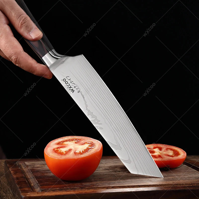 WXCOO Professional Kitchen Chef Knife Damascus Steel Laser Pattern Santoku Knife Double Side Magnetic Kitchen Knife Block
