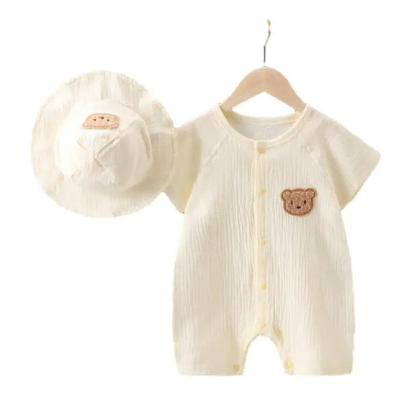 Muslin Summer Baby Romper Hat Set 2Pcs Bear Cotton Newborn Jumpsuit for Boys Girls Clothes Toddler Onesie Infant Outfit Suit