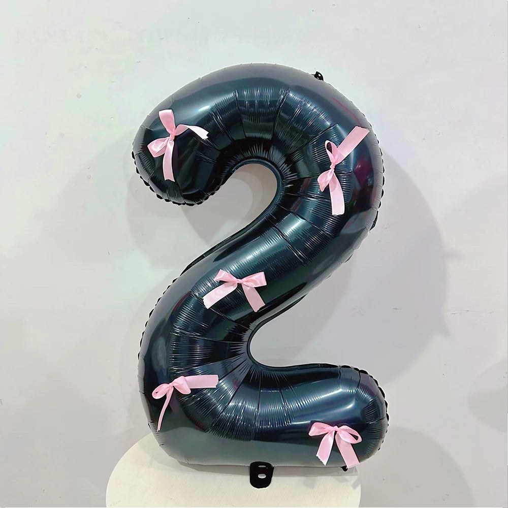 Black Number Balloons Aluminum Film Balloons With Pink Bow for Kids Boy Girl Birthday Party Decorations 0-9 Numbers