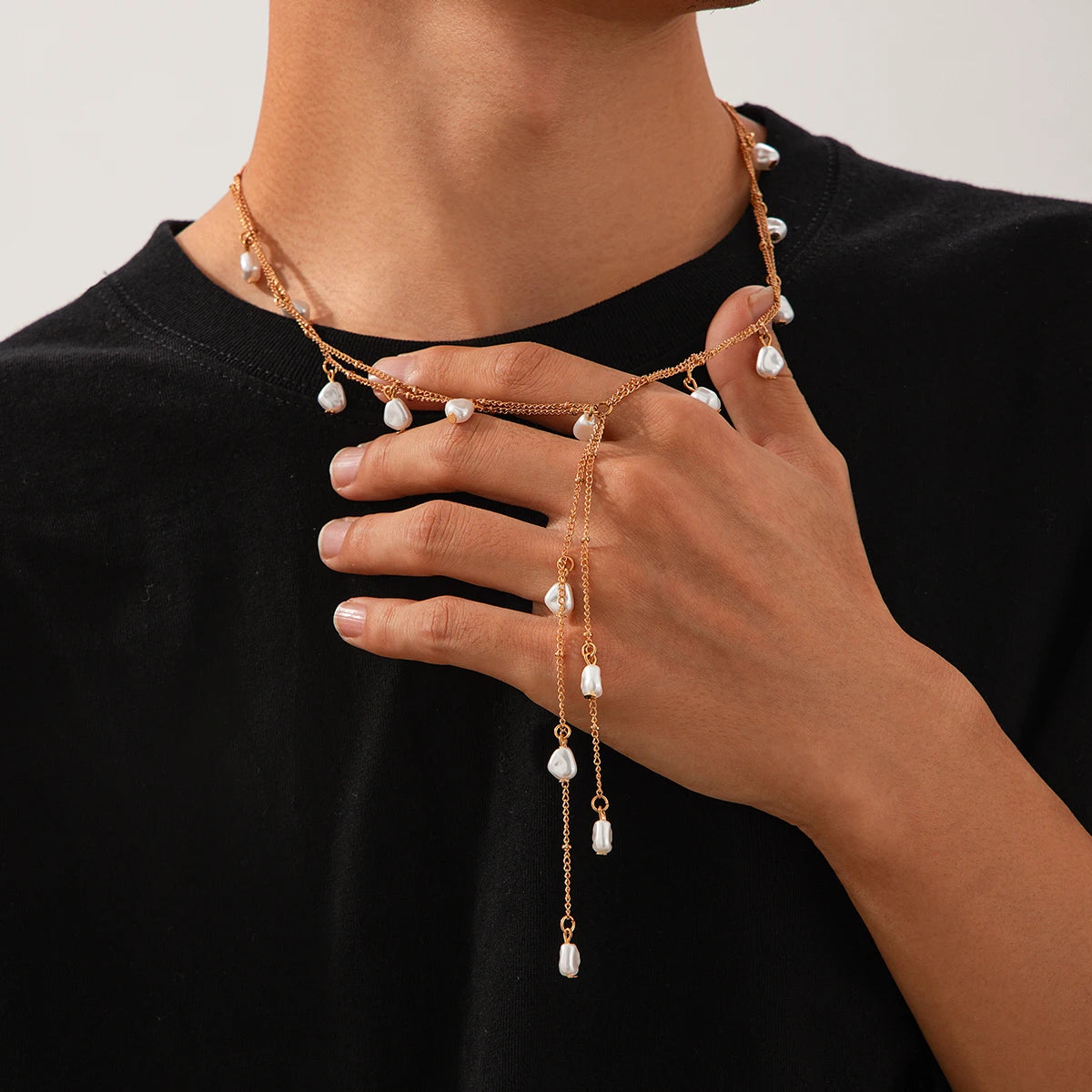 IngeSight.Z Creative Design Irregular Imitation Pearl Copper Tassel Long Chain Pendant Necklace for Men Women New Trend Jewelry
