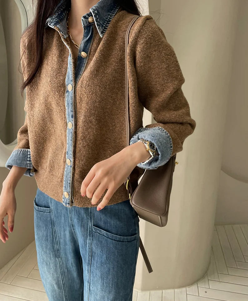 BigLargiCN Strickcardigan Herbst Denim Patchwork Damen Korean Stil - Gewicht 120–220 g/m² Länge Regular Lockere Passform