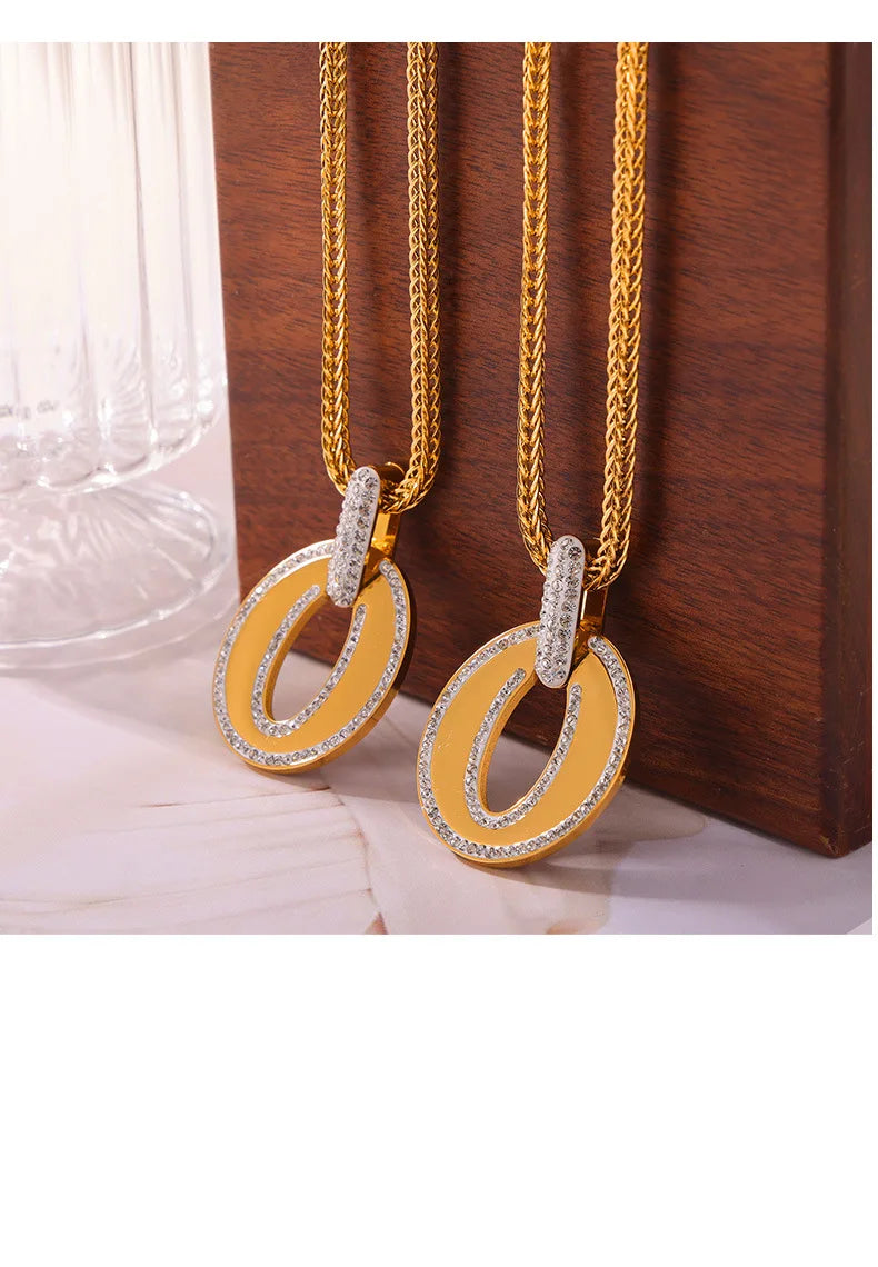 Luxus Strass Runder Anhänger Halskette - Edelstahl Goldplattiert Armband Schmuck Set - Damen Hochzeit Accessoires