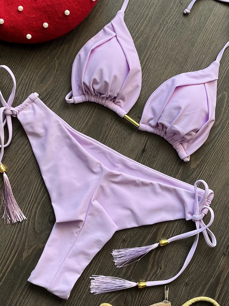 Set bikini pentru femei 2025 - costum de baie triunghiular cu halter brazilian, push-up, lanț metalic