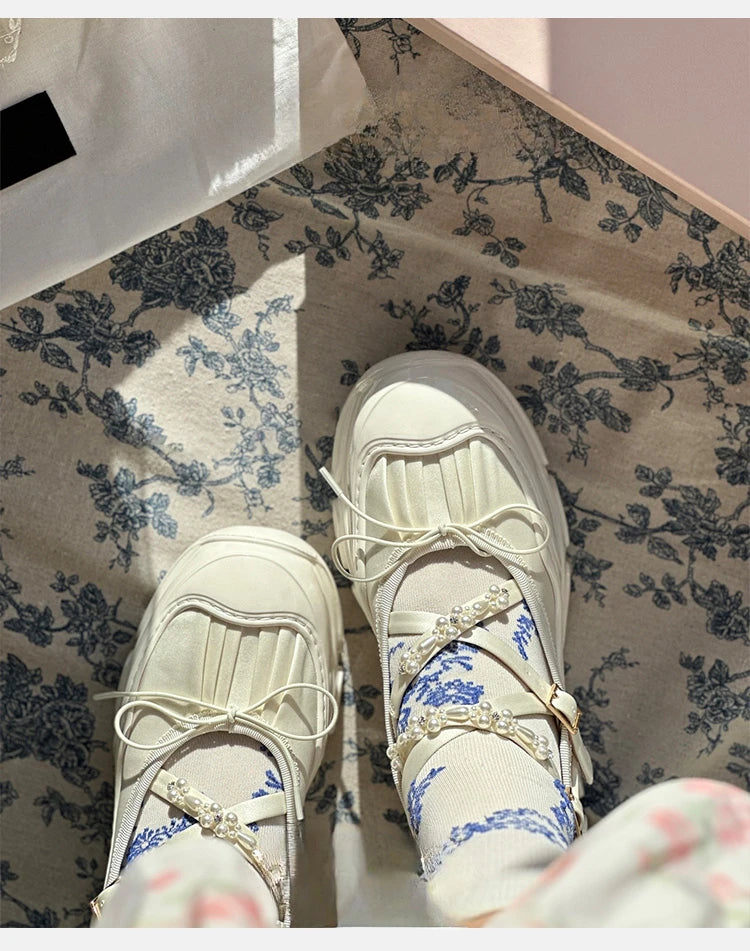 Damen Niedrige Absätze 2025 - Koreanischer Stil Perlenkette Mary Jane Flats - Party Arbeit Casual Bootsschuhe