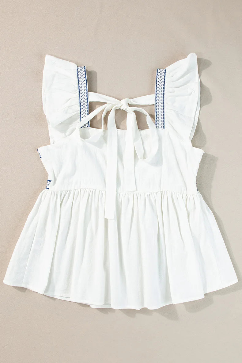 White Floral Embroidered Square Neck Peplum Blouse Shirts For Women Vintage Flying sleeves Casual Summer Boho Beach Ladies Tops