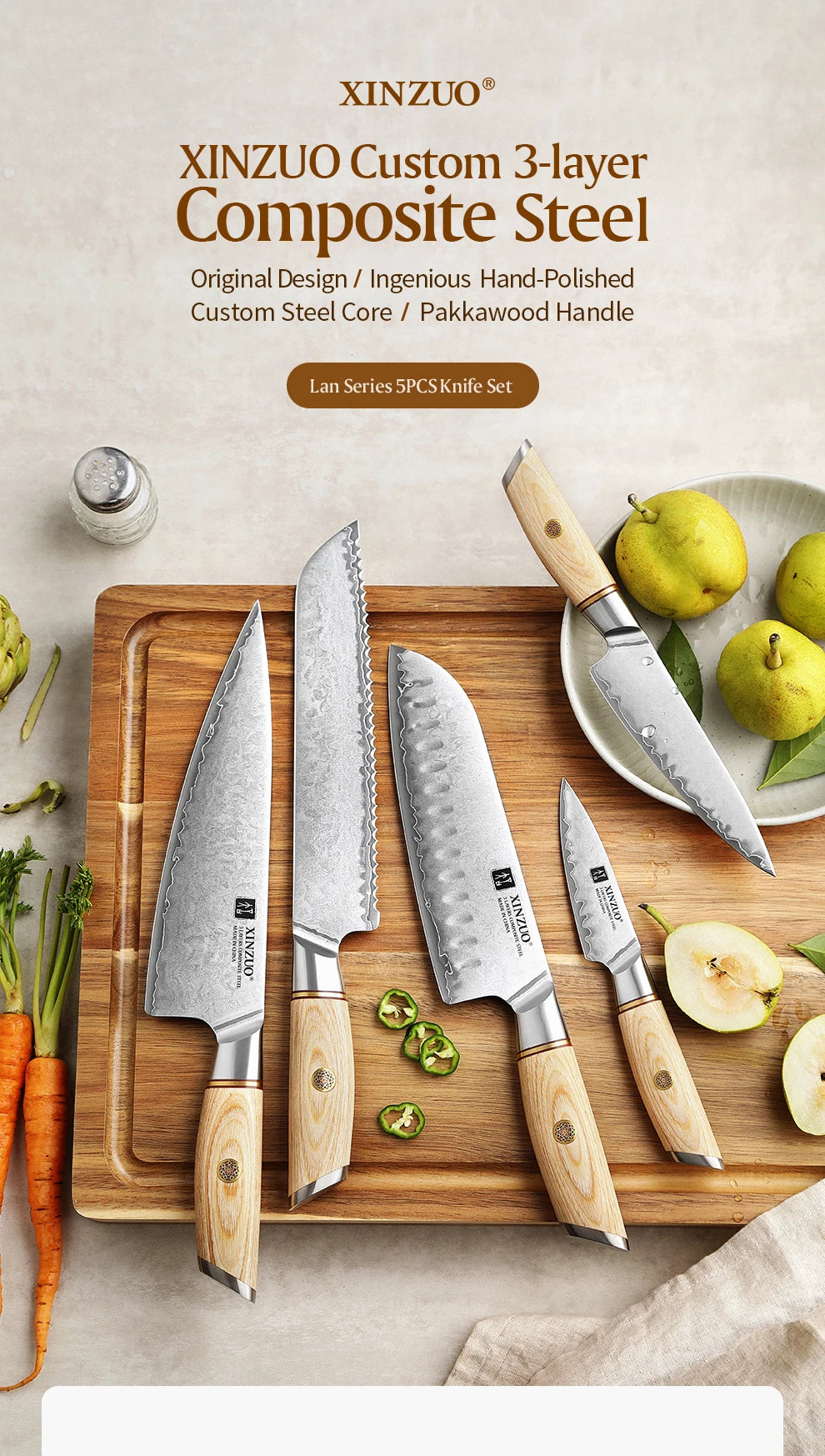 XINZUO 1-5pcs Knife Set Pakkawood Handle Nails 3-layer Clad Steel 60±2 HRC 15°±1 Per Side Kitchen Accessory Tools Best Gift
