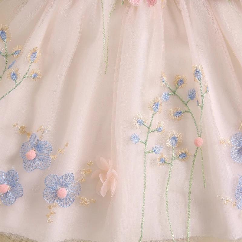 Toddler Kid Girls Dress Children Flower Butterfly Embroidery Fly Sleeve V-Neck Dress Summer Fashion Casual Princess Dress - Golden Bridge Store
