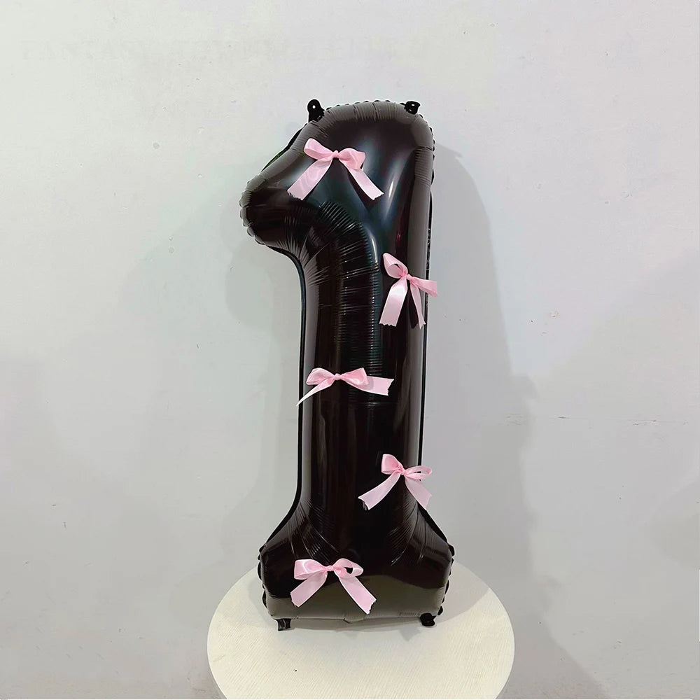 Black Number Balloons Aluminum Film Balloons With Pink Bow for Kids Boy Girl Birthday Party Decorations 0-9 Numbers