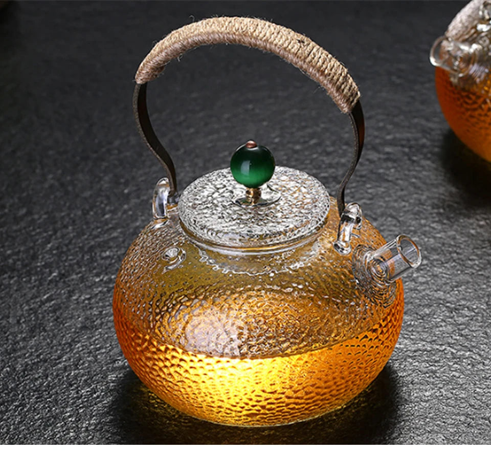 Ceainic de sticlă rezistent la temperaturi ridicate, set de ceai, ceainic de flori cu textură ciocănită manual, cu mâner pentru a face ceainic Gaiwan Pu Erh