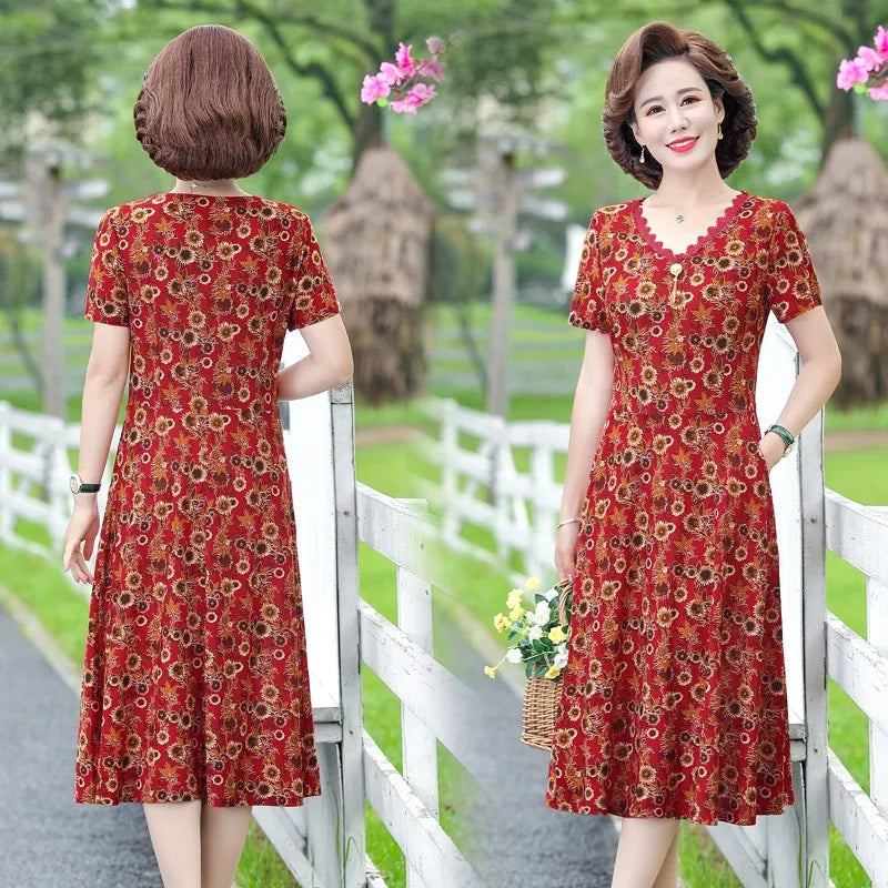 Elegant Women Dress Elegant Casual V-Neck Print Vintage Ladies Mid-Calf High Waist Summer Bohemian Dresses