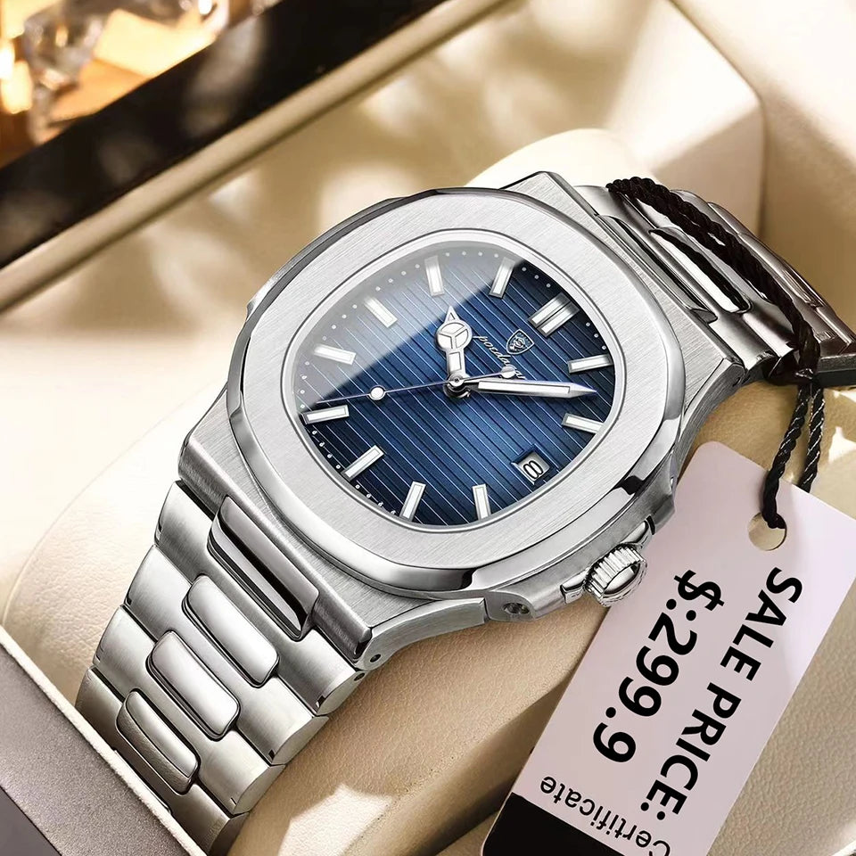POEDAGAR Luxury Watch 2024 New Business Waterproof Male Clock Luminous Date Stainless Steel Square Quartz Men Watch reloj hombre