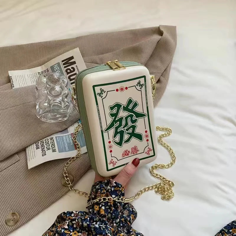 Geantă crossbody chinezească Mahjong pentru femei, creativă, interesantă, cu imprimeu, cu lanț, geantă de umăr, piele PU, geantă messenger la modă