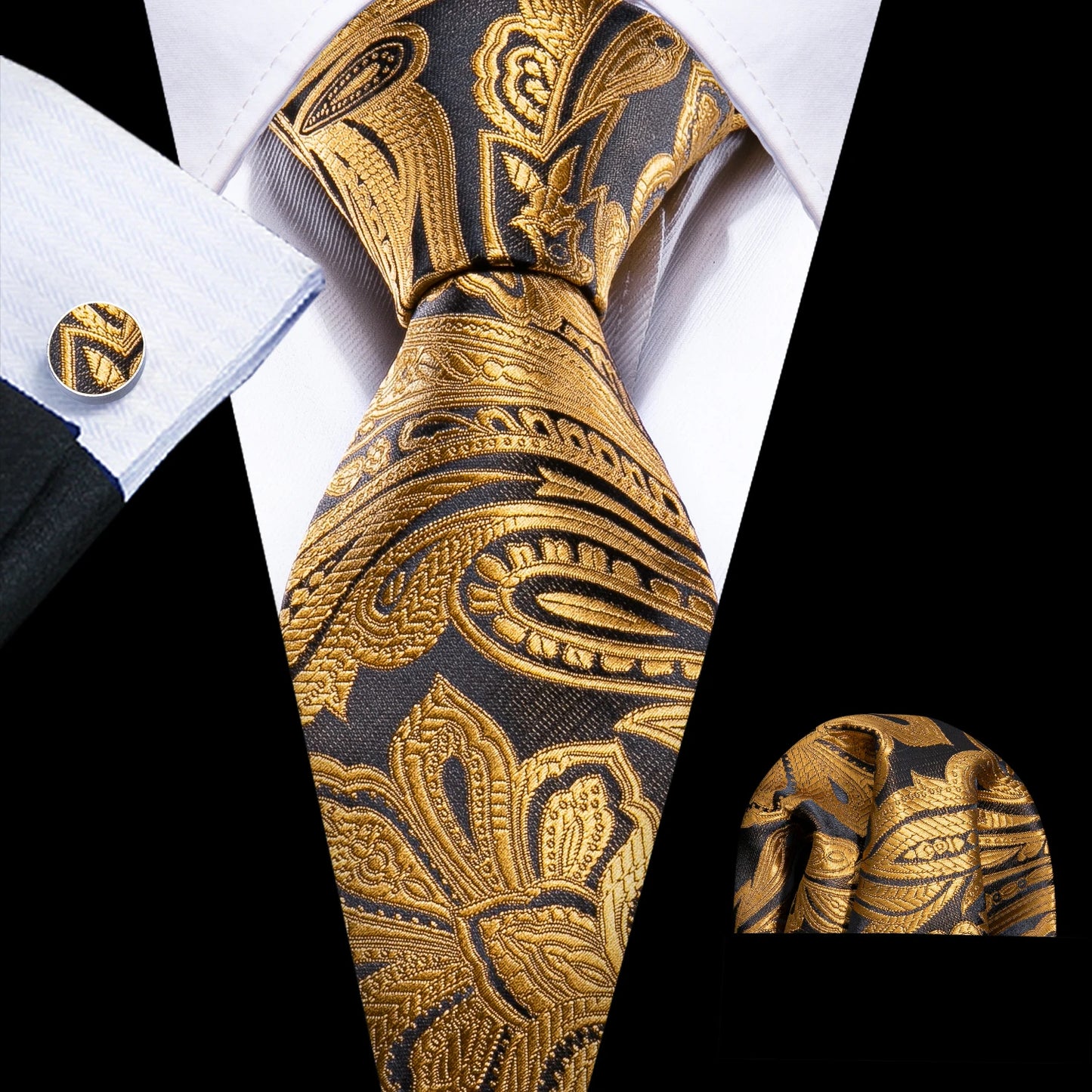 Fashion Silk Men Tie Set Gold Yellow Orange Solid Paisley Striped Plaid Floral Necktie Pocket Square Cufflinks Wedding Business
